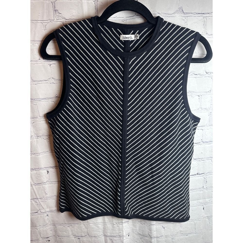 Ashworth Womens Black White Diagonal Stripe Sleeveless Knit Golf Top Size M
